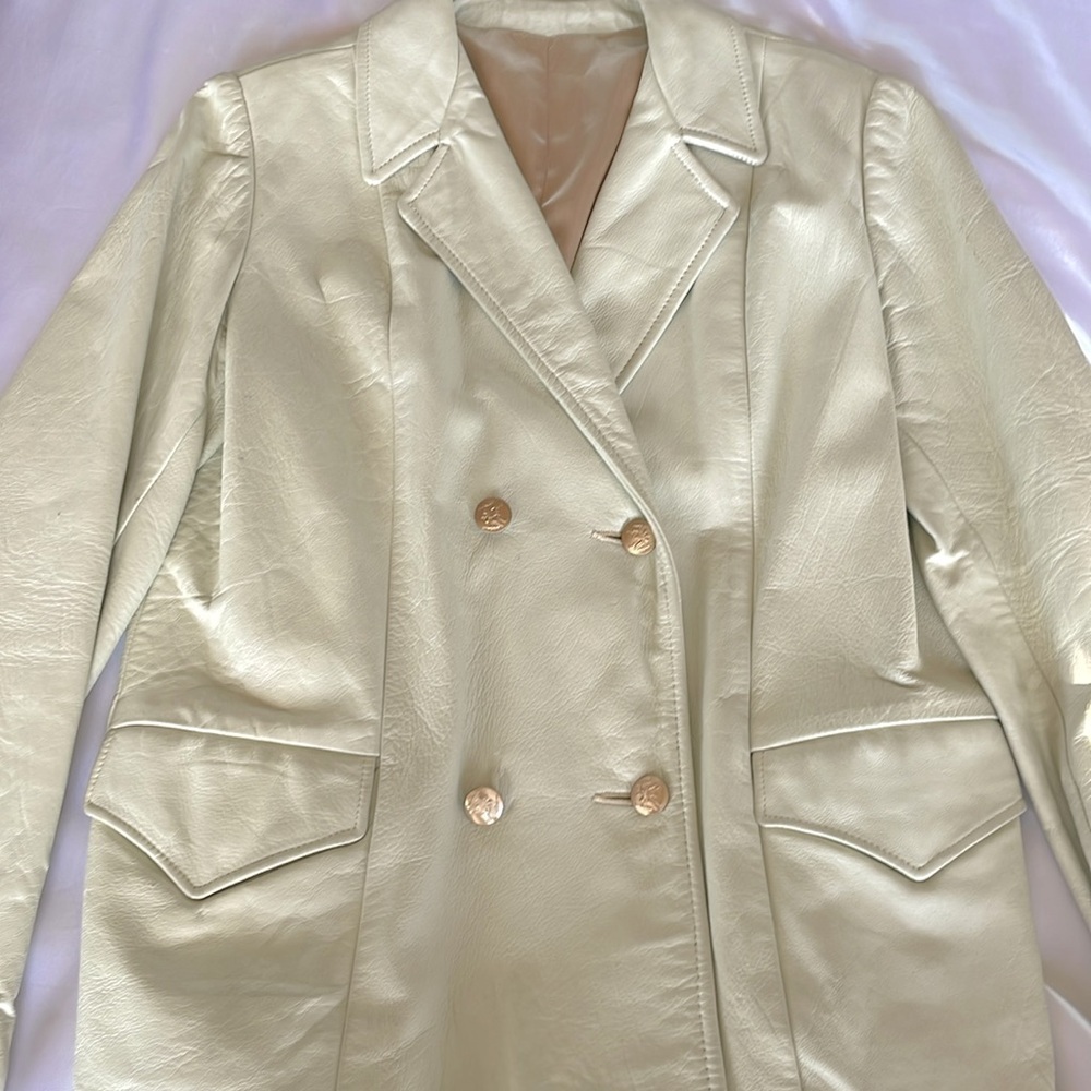 Vintage Ivory Double Breasted Leather Blazer Jacket Gold Buttons Satin Lined